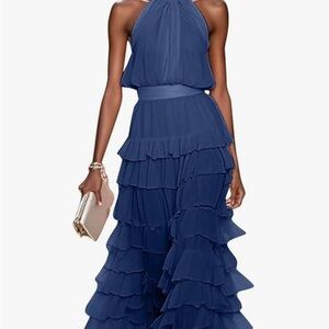 Elegant Blue Ruffled Halter Dress